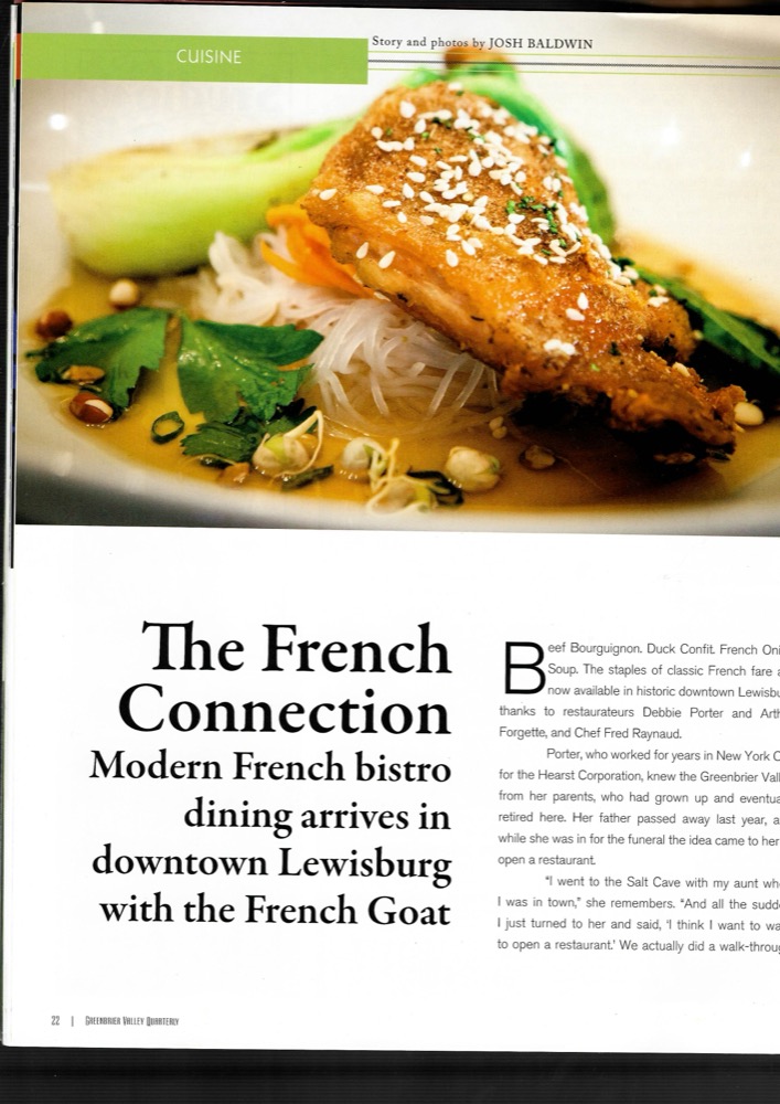The French Connection opening dish photo, Greenbrier Valley Quarterly page 22