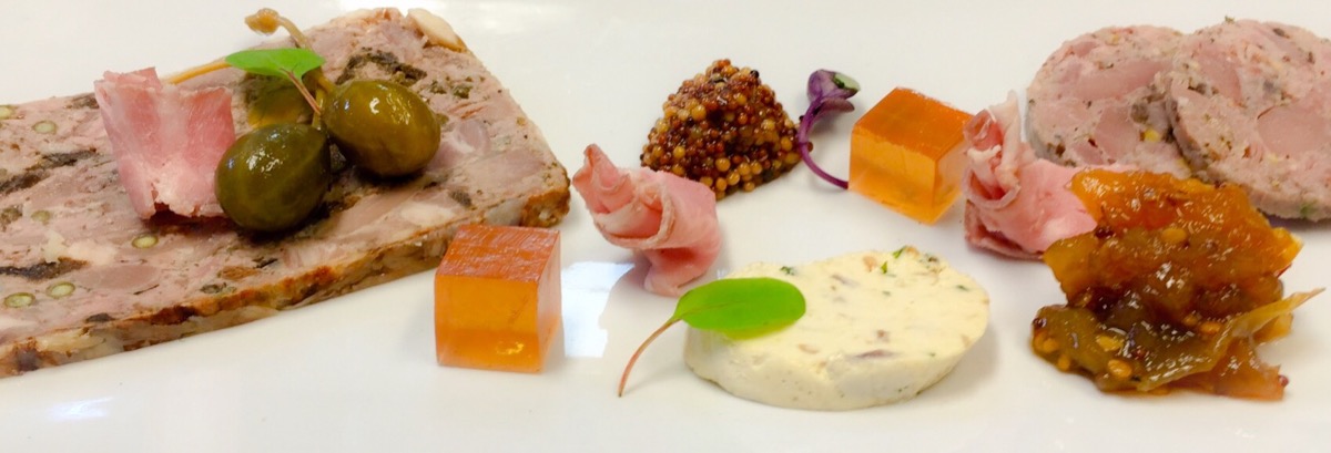 Charcuterie plate, pate, prosciutto, mustard