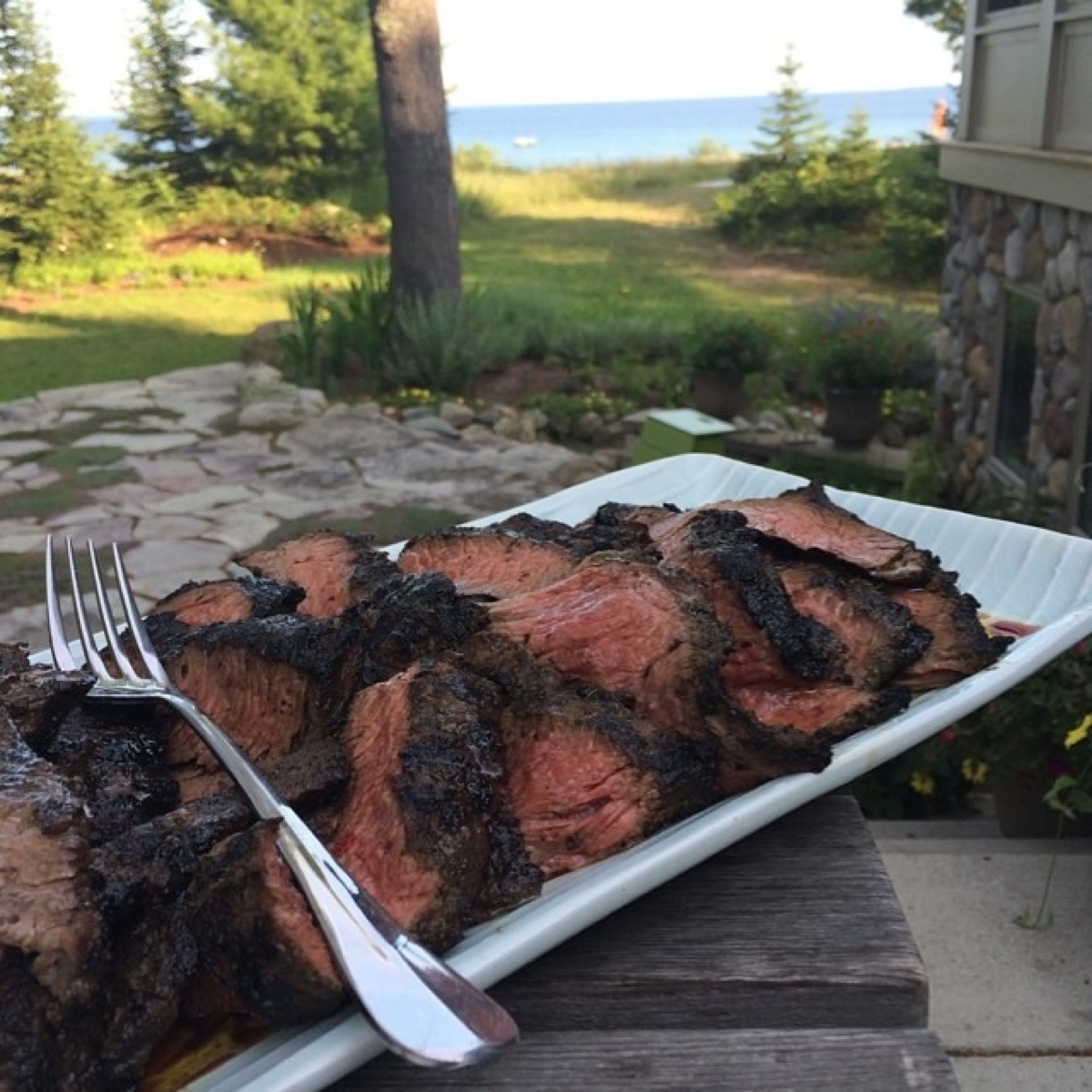 Grilled flank steak, lakeside