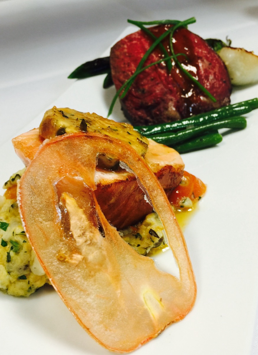 Beef and salmon duo plate