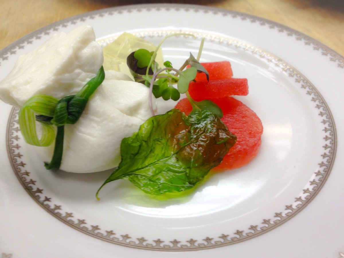 Burrata purse, watermelon